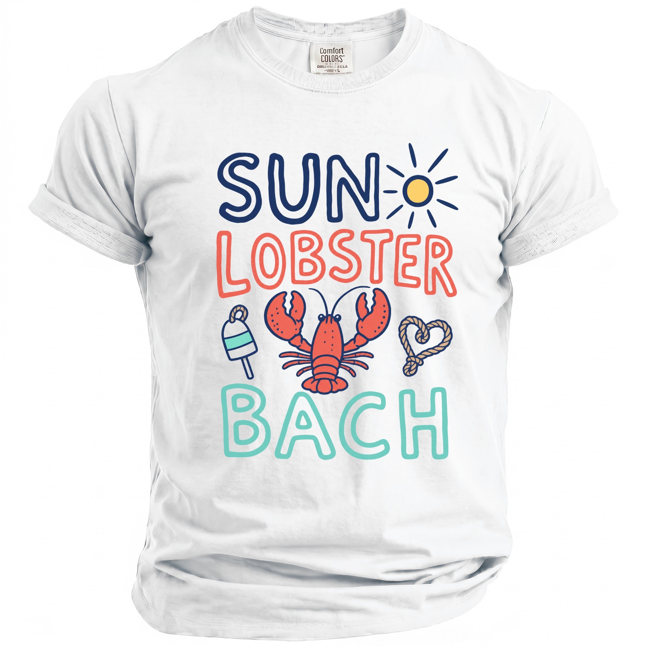 White t-shirt with "SUN LOBSTER BACH" text, lobster, sun, buoy, and rope heart graphics.