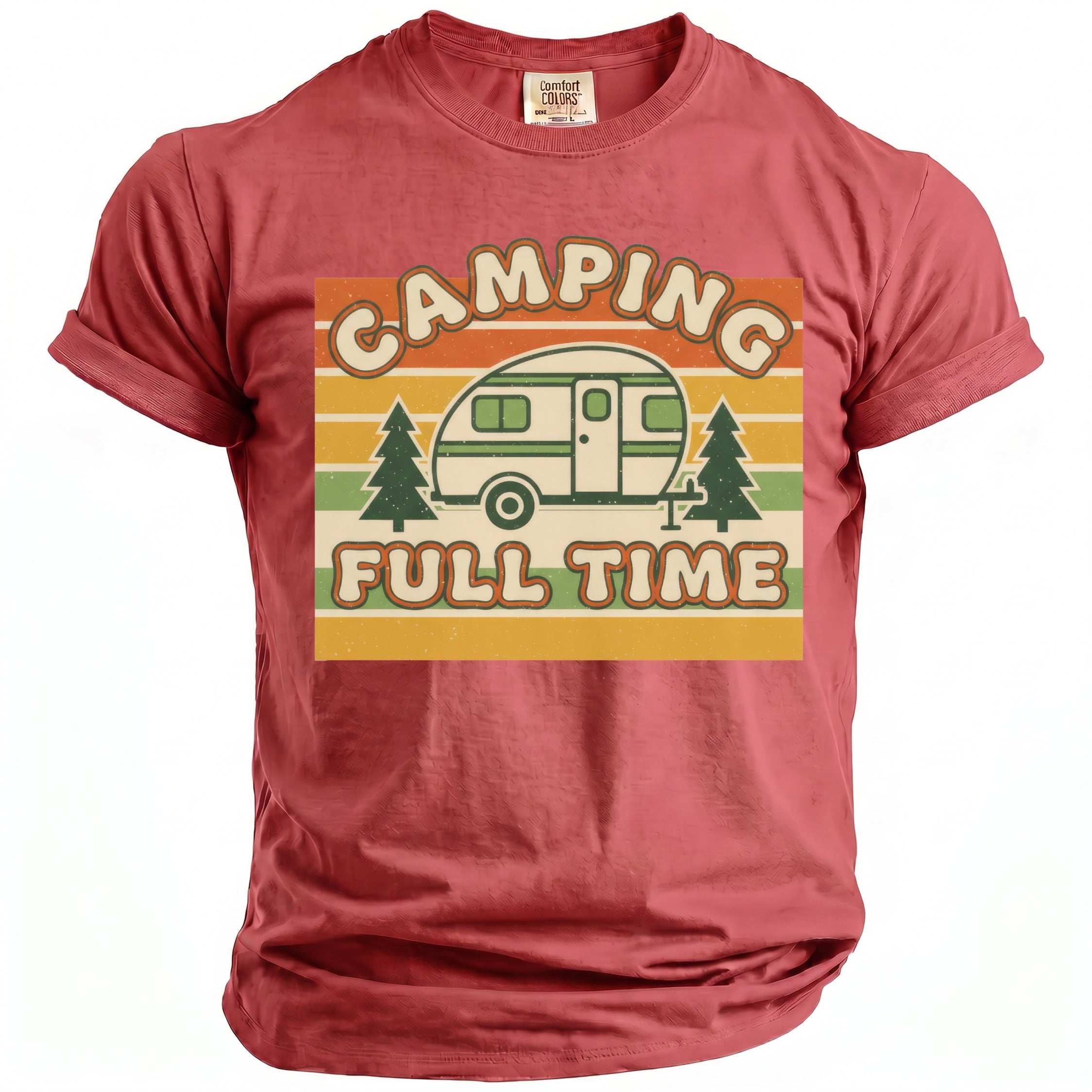Red t-shirt with "Camping Full Time" graphic featuring a retro camper and trees.