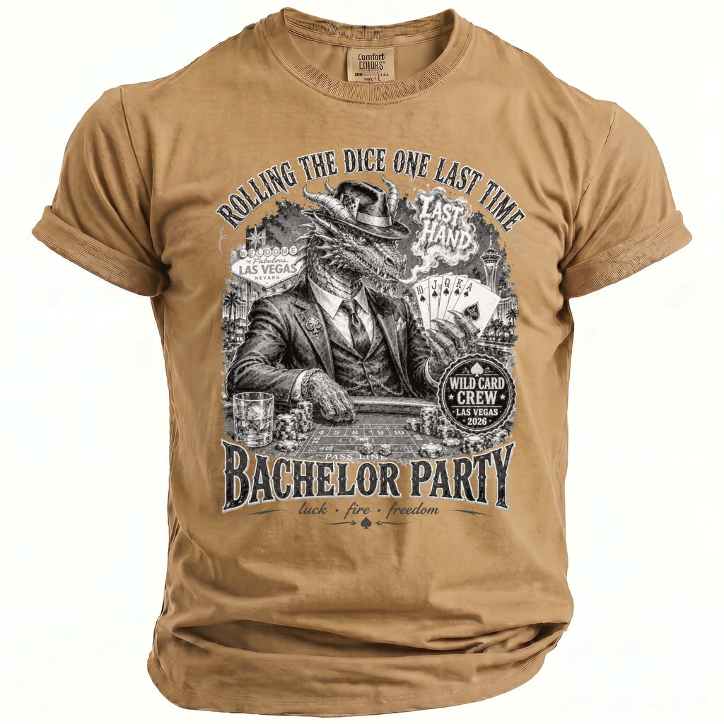 Brown t-shirt with dragon in suit playing poker in Las Vegas, text reads "Bachelor Party".