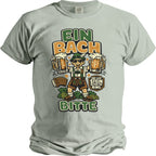 Ein Bach Bitte t-shirt graphic with man holding beer steins, accordion, and hops.