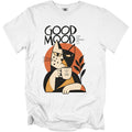 White t-shirt with "GOOD MOOD" text and a split-faced cat holding a mug that says "LIFE IS GOOD."