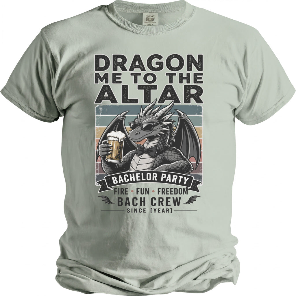 Dragon holding beer with text "Dragon Me To The Altar, Bachelor Party"