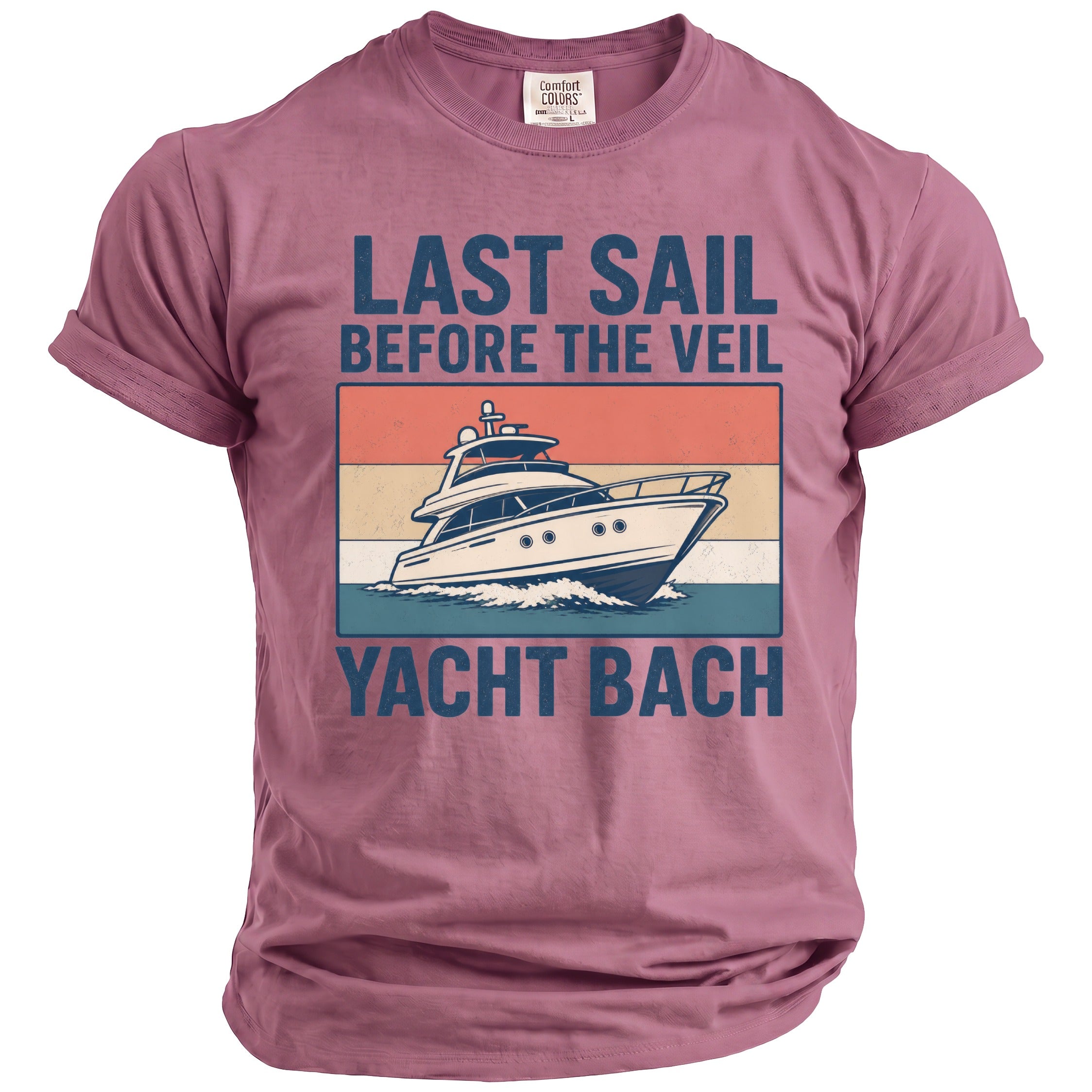 T-shirt with "Last Sail Before The Veil Yacht Bach" text and yacht graphic.