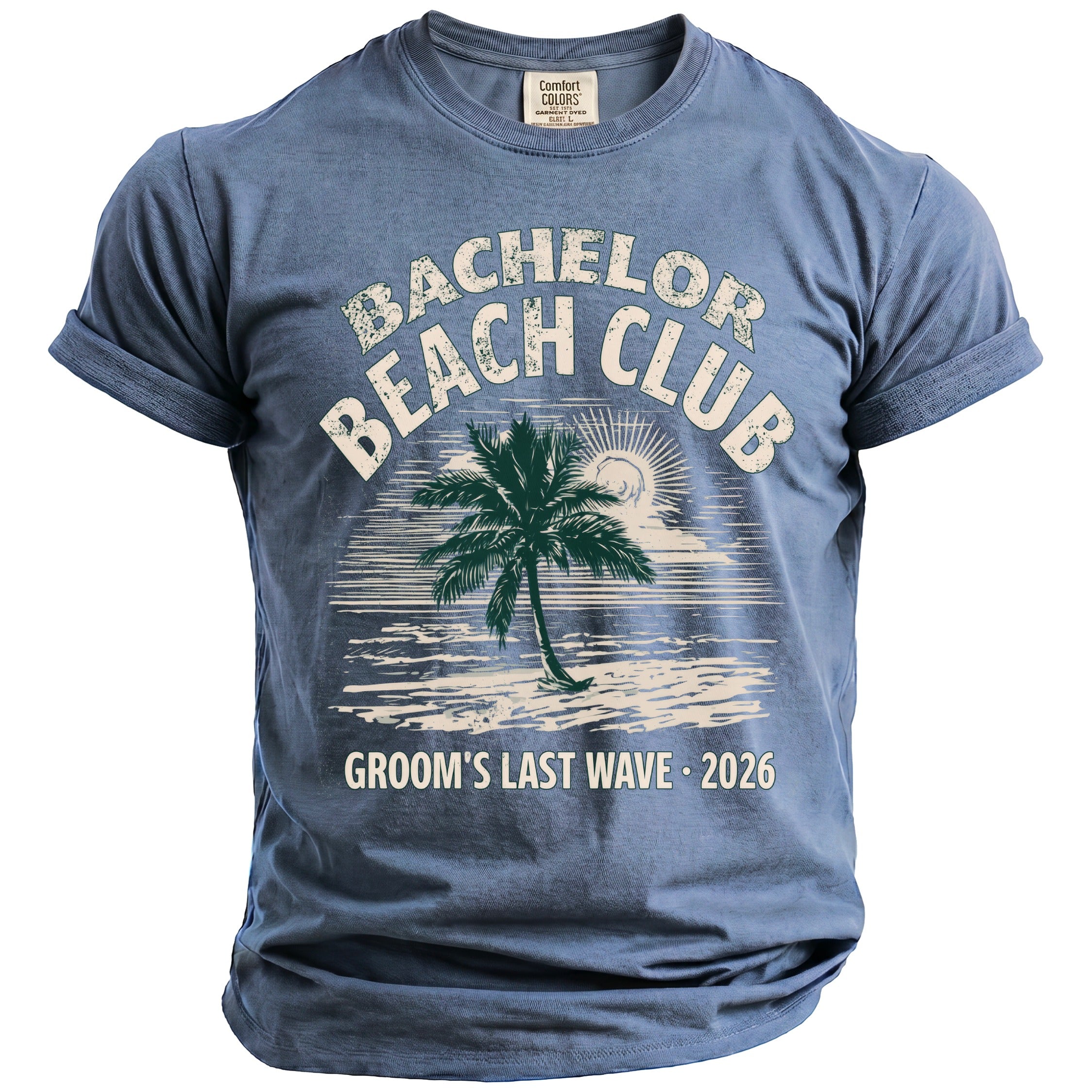 Blue t-shirt with "Bachelor Beach Club Groom's Last Wave 2026" graphic.
