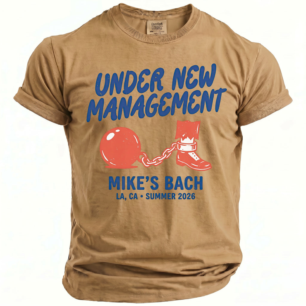 T-shirt with "Under New Management Mike's Bach LA, CA Summer 2026" text and graphics.