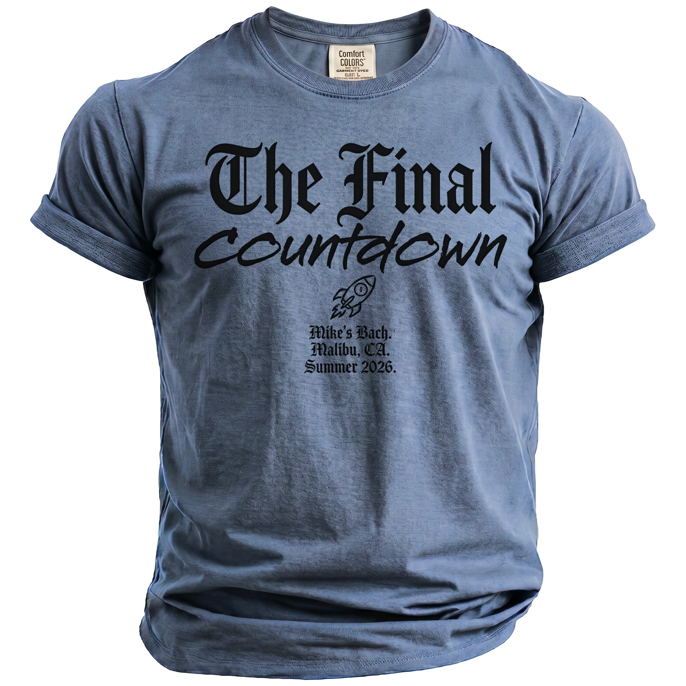 Blue t-shirt with "The Final Countdown" and event details.