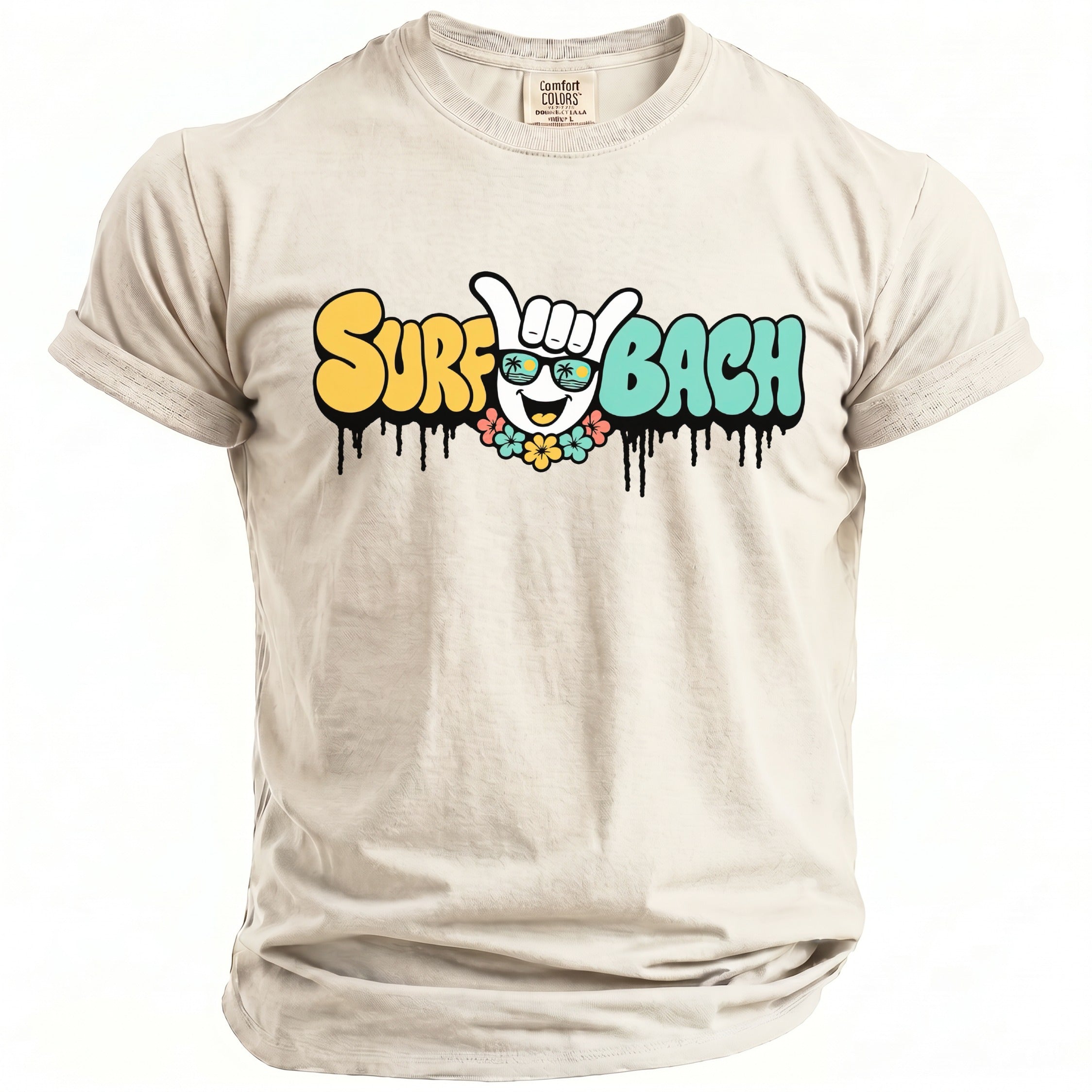 Light tan t-shirt with "Surf Bach" text graphic and a smiley face with sunglasses.
