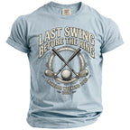 Light blue t-shirt with golf graphic and text: Last Swing Before the Ring, Bachelor Weekend 2026.
