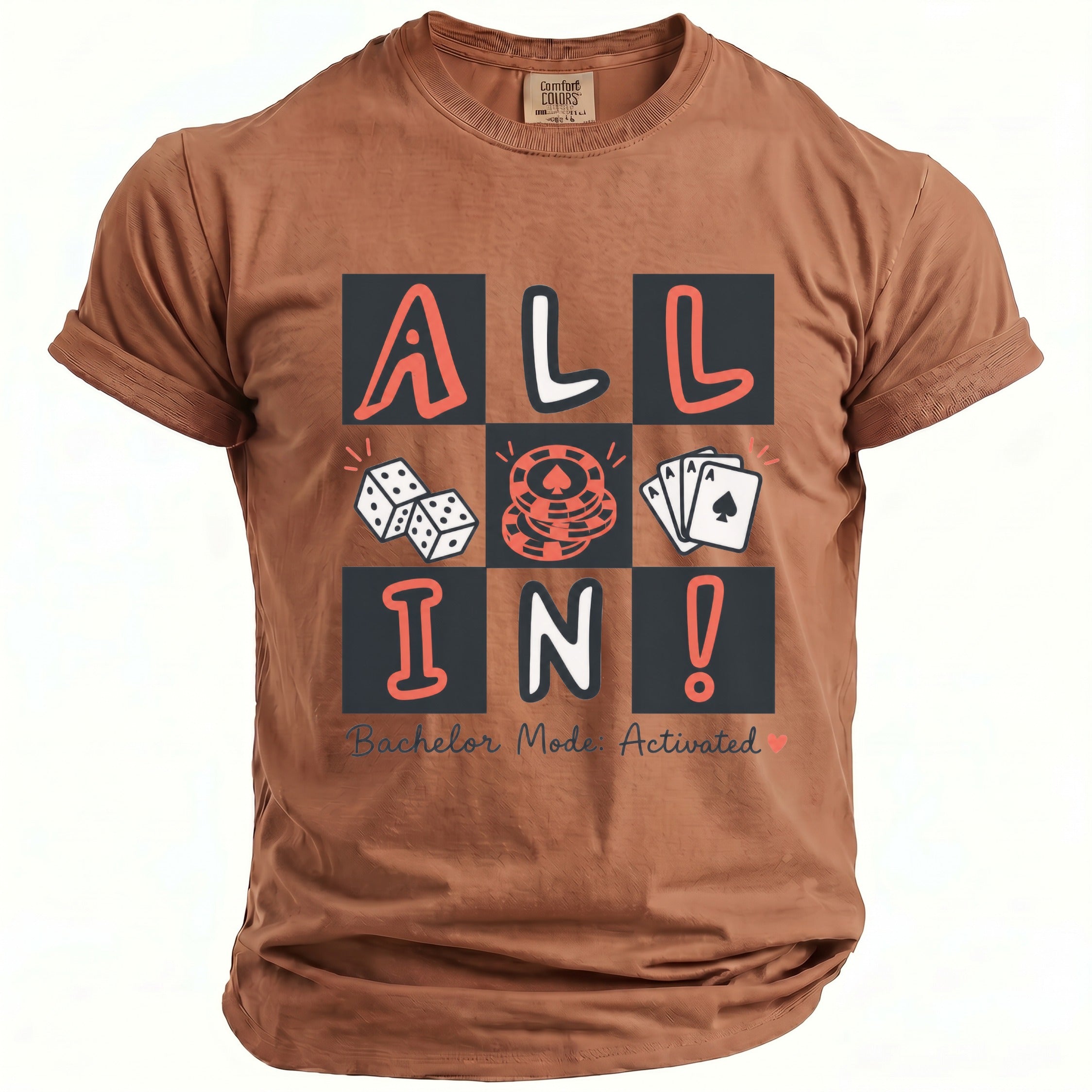 Brown t-shirt with "ALL IN" in a grid, featuring dice, chips, and cards.