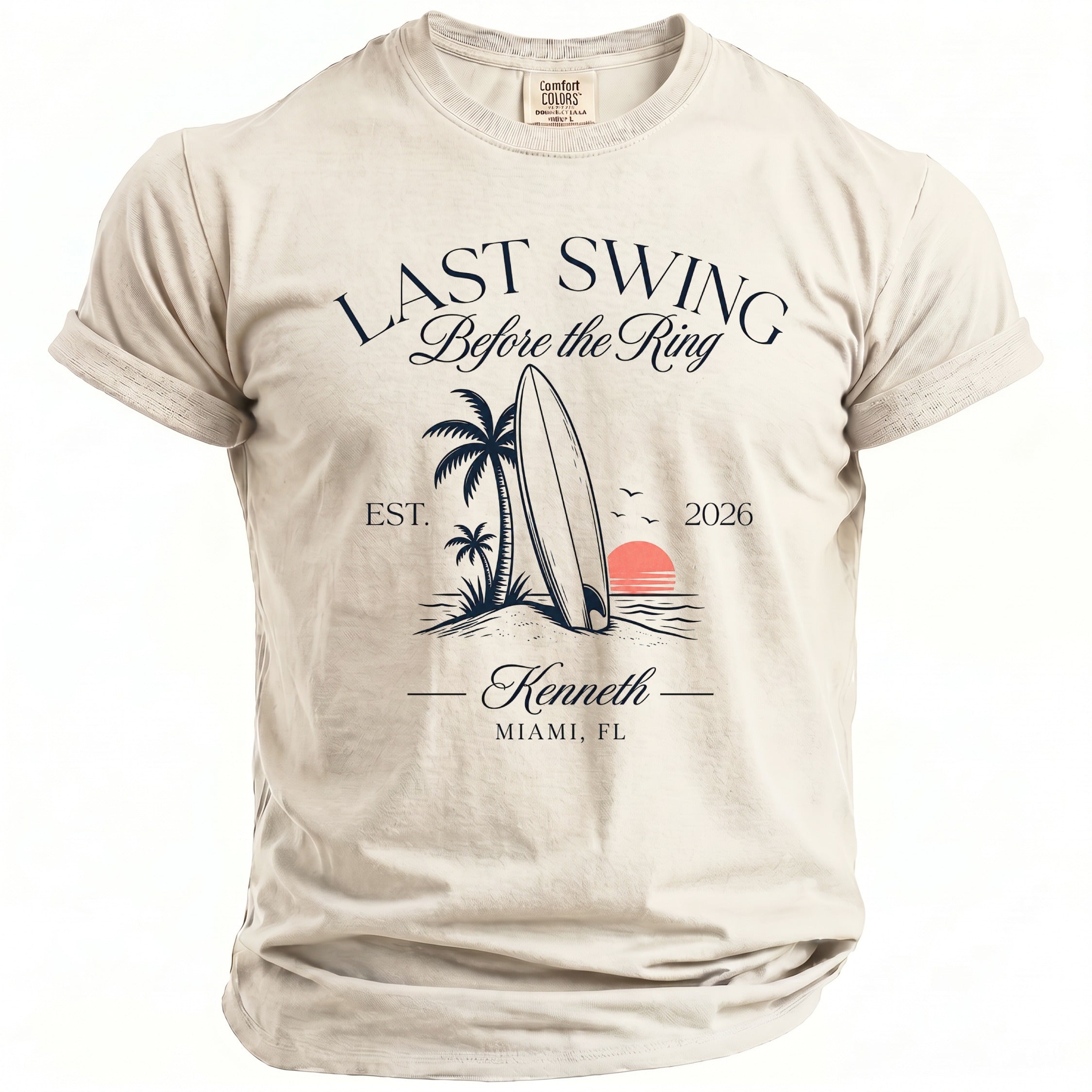 Light beige t-shirt with "Last Swing Before the Ring" graphic and Miami, FL.