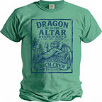 Green t-shirt with distressed `Dragon Me To The Altar Bachelor Party` graphic.