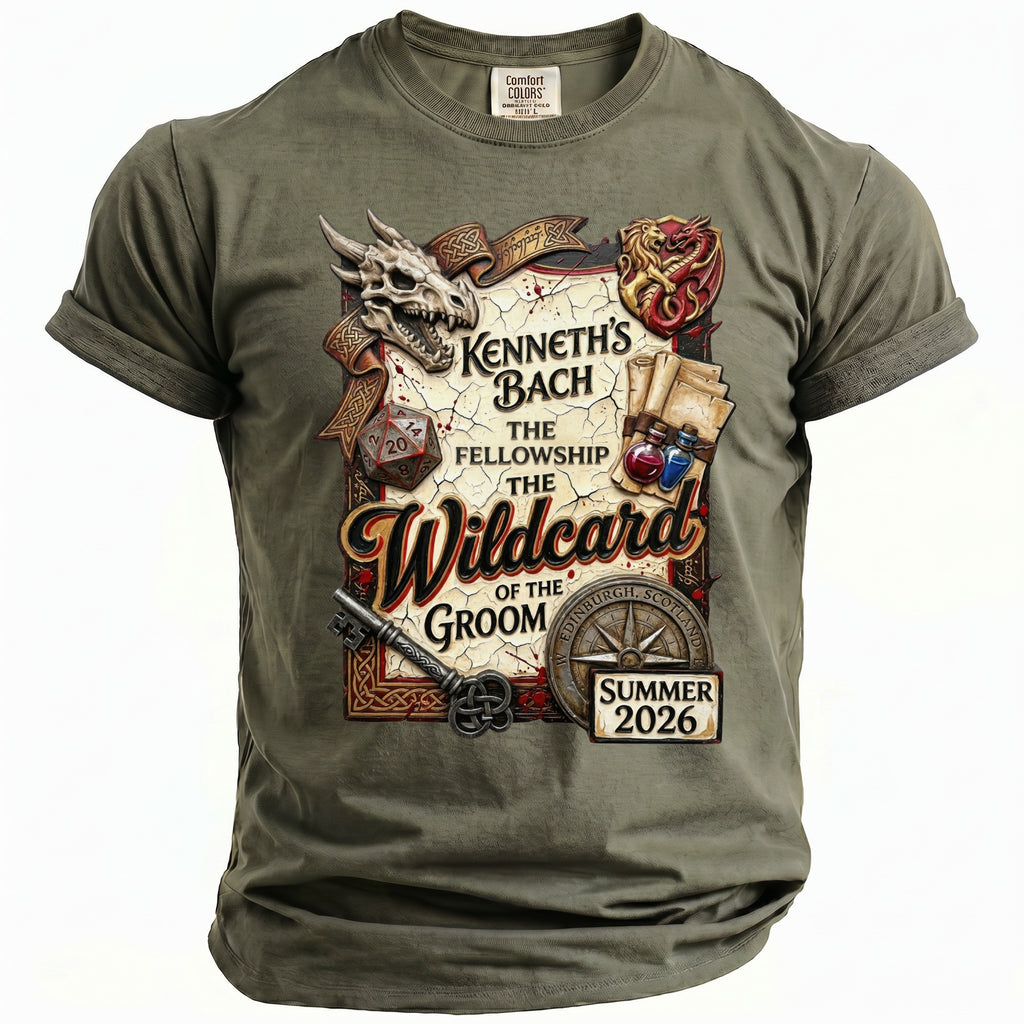 T-shirt with graphic titled "Kenneth's Bach The Fellowship The Wildcard of the Groom" and "Summer 2026".