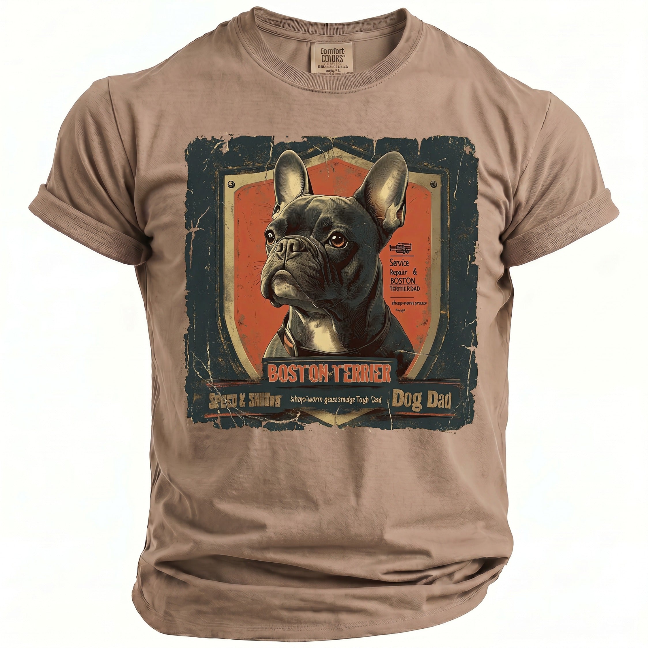 Taupe t-shirt with distressed Boston Terrier graphic and "Dog Dad" text.