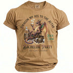 Brown t-shirt with a dragon drinking and text: Dragon My Ass To The Altar, Bachelor Party, Bach Crew.