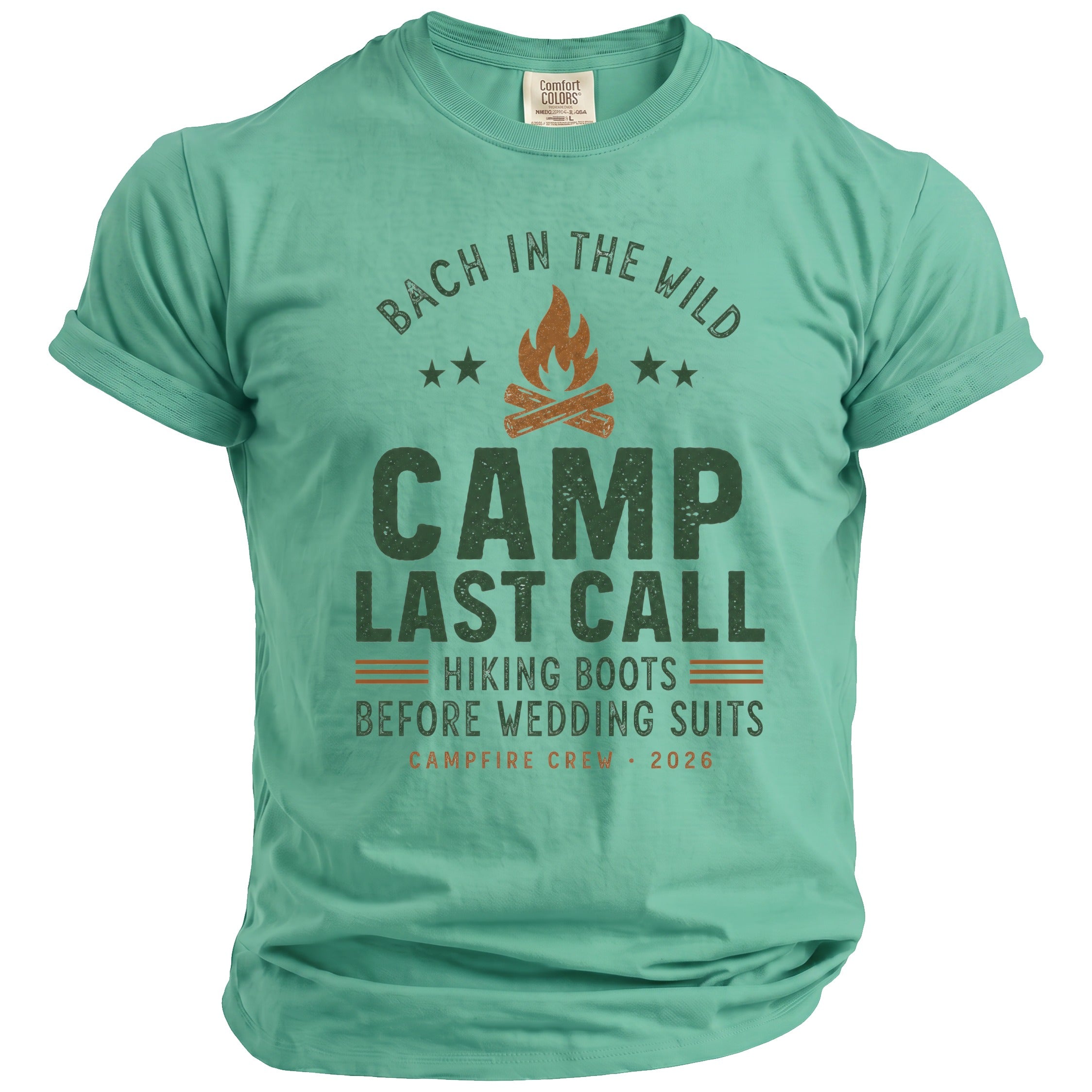 Green t-shirt with "Bach in the Wild Camp Last Call" text and campfire graphic.