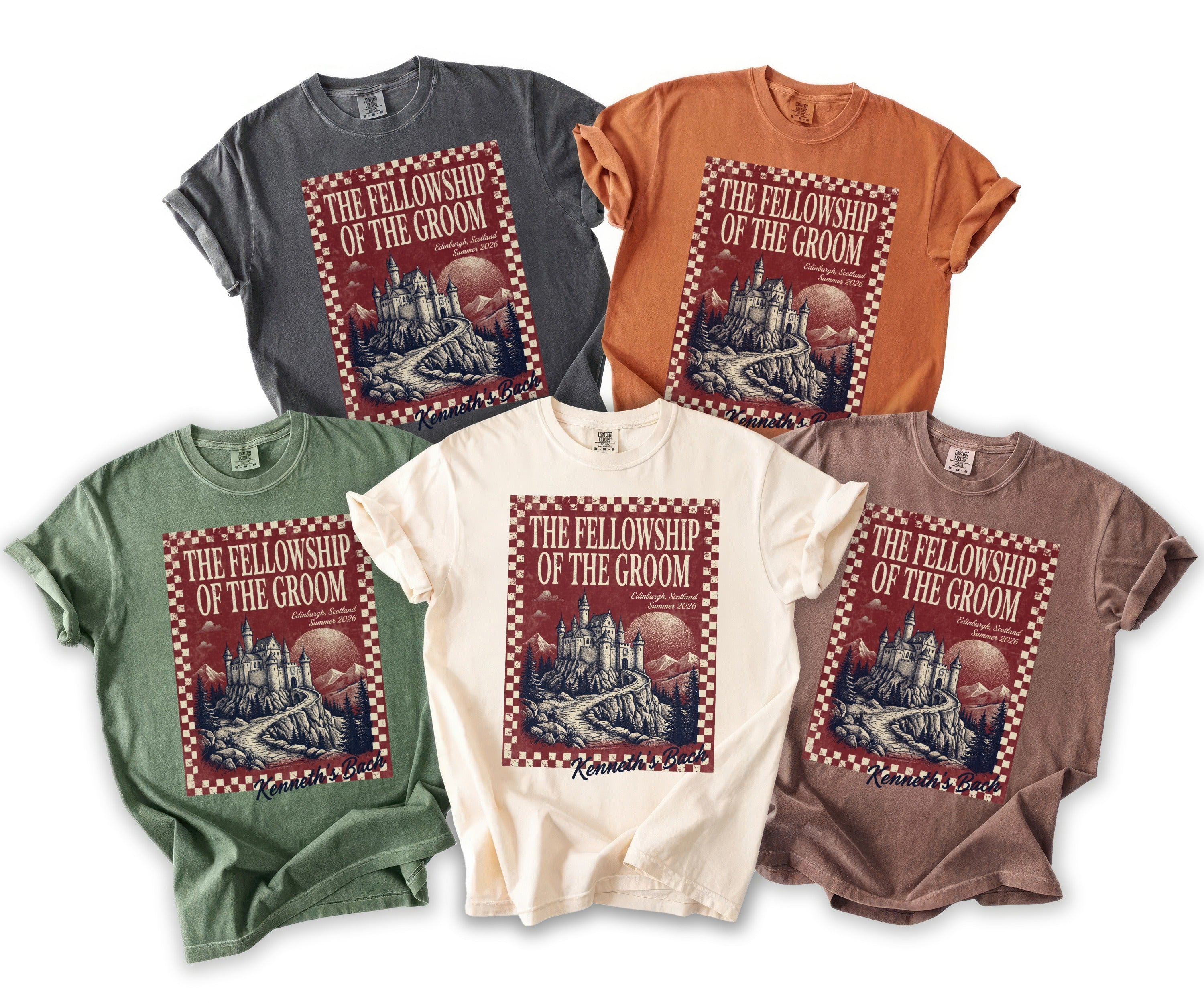 T-shirts in assorted colors featuring "The Fellowship of the Groom" castle graphic.