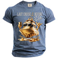 Blue t-shirt with "Last Cruise Before I Do" text and a golden yacht graphic.