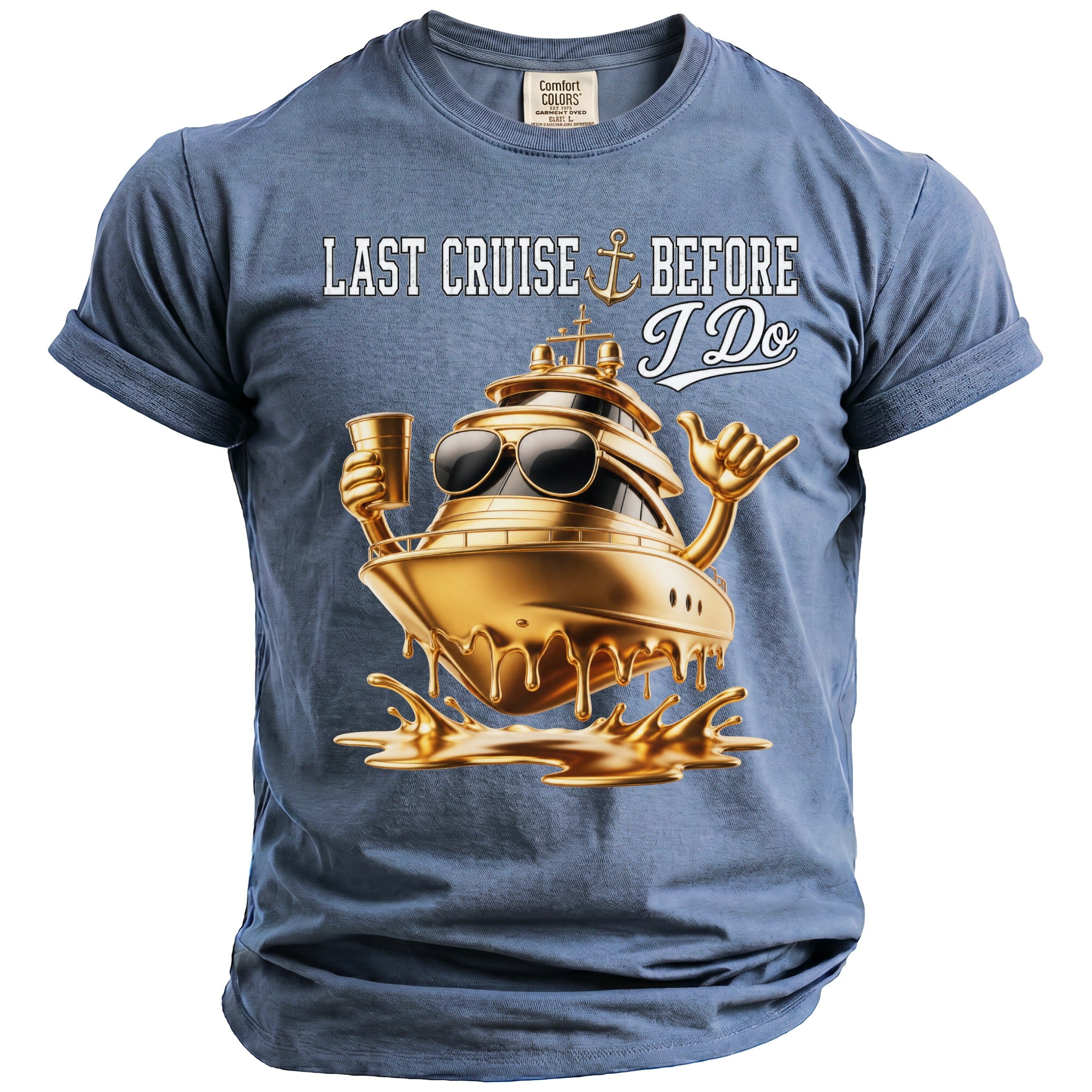 Blue t-shirt with "Last Cruise Before I Do" text and a golden yacht graphic.