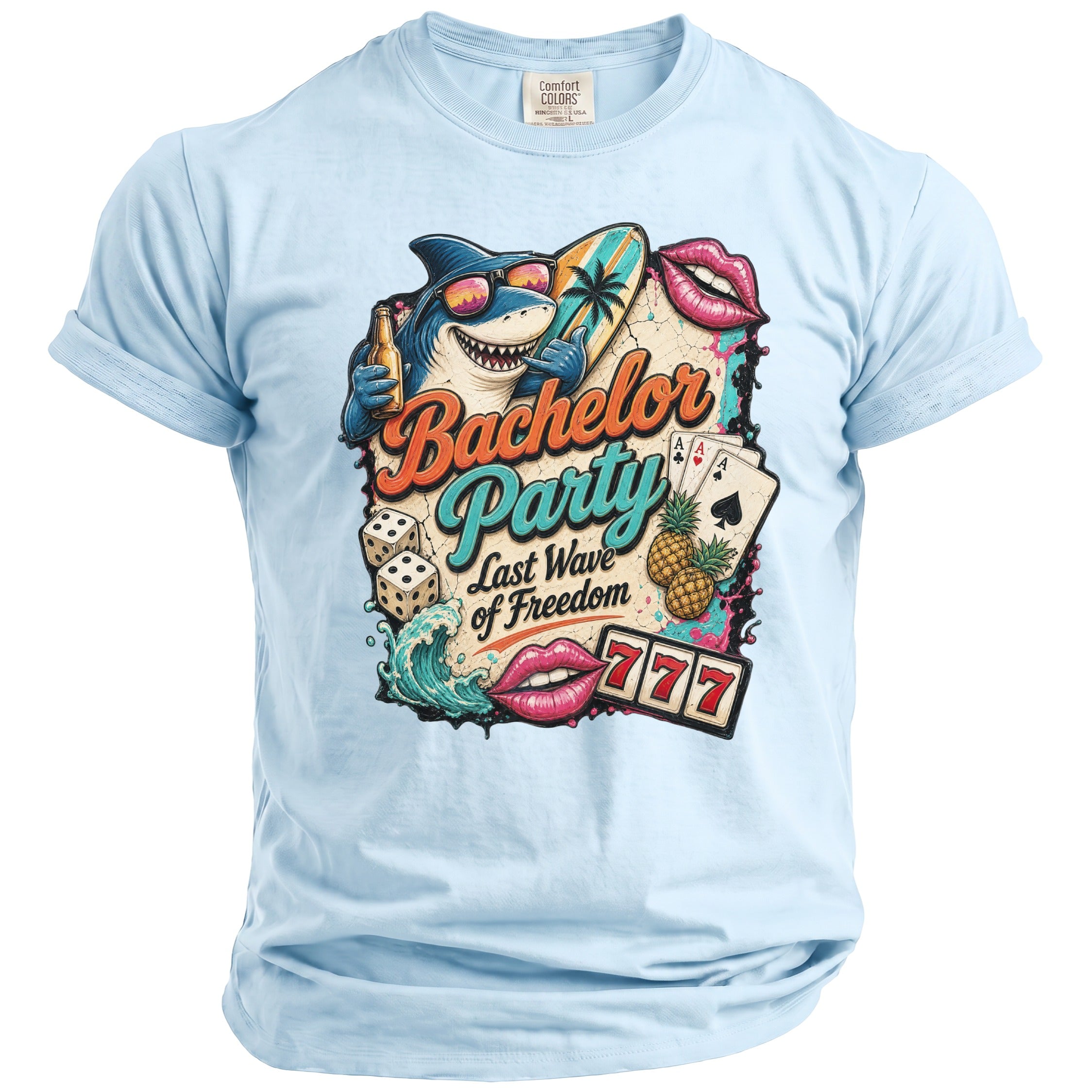 Light blue t-shirt with "Bachelor Party Last Wave of Freedom" graphic.