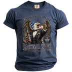 The t-shirt features a navy blue graphic of an eagle in a tuxedo holding a beer bottle and the text "Bachelor Party".