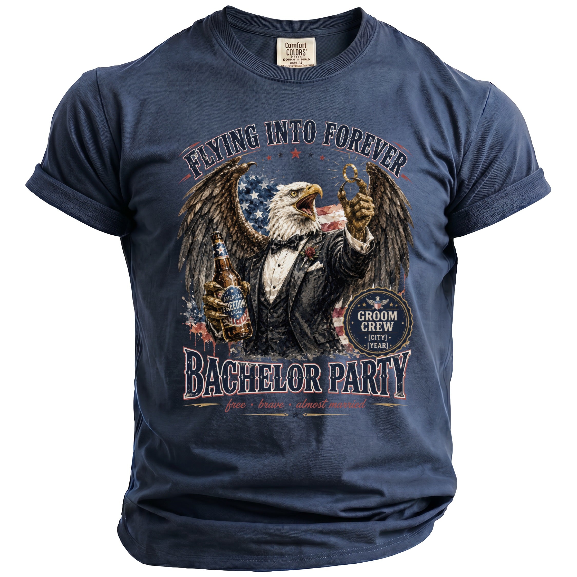 The t-shirt features a navy blue graphic of an eagle in a tuxedo holding a beer bottle and the text "Bachelor Party".