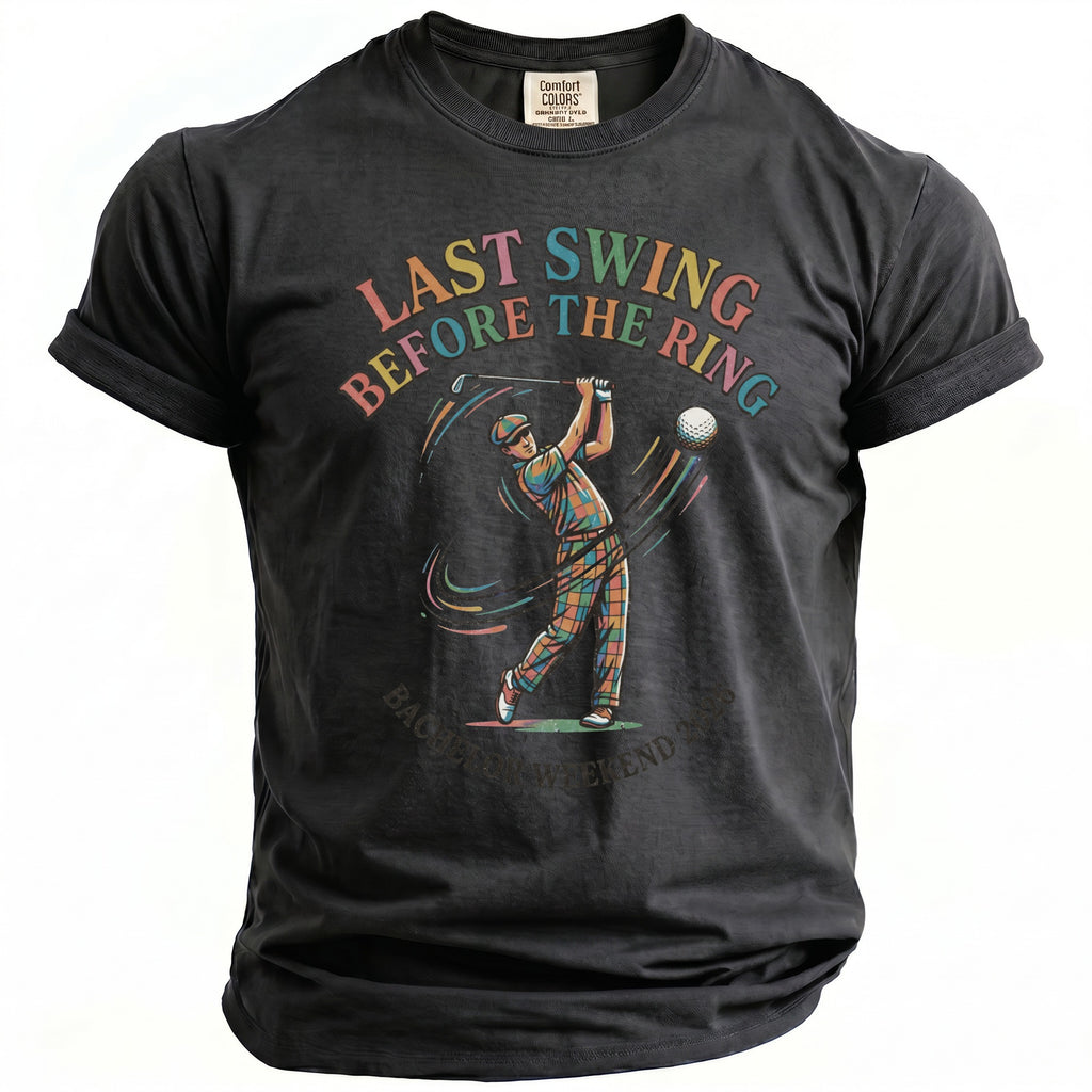 Charcoal t-shirt with "Last Swing Before The Ring" and a golfer.