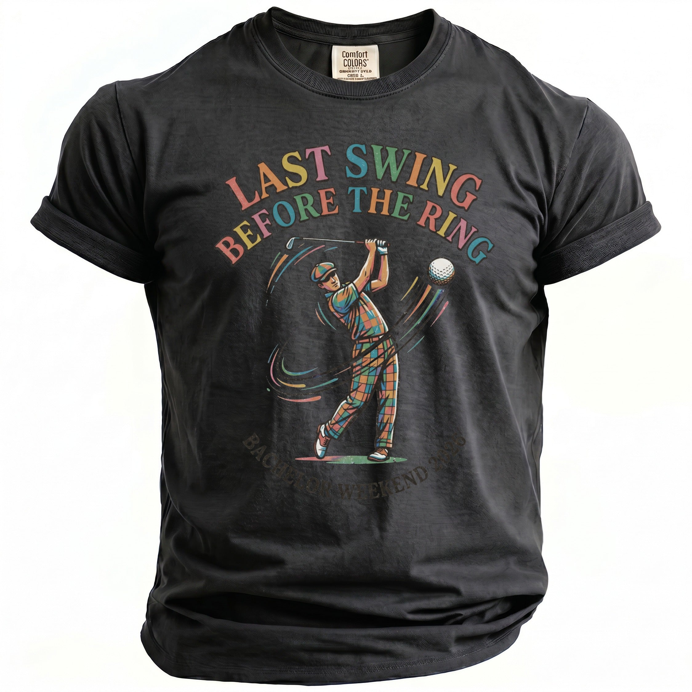 Charcoal t-shirt with "Last Swing Before The Ring" and a golfer.