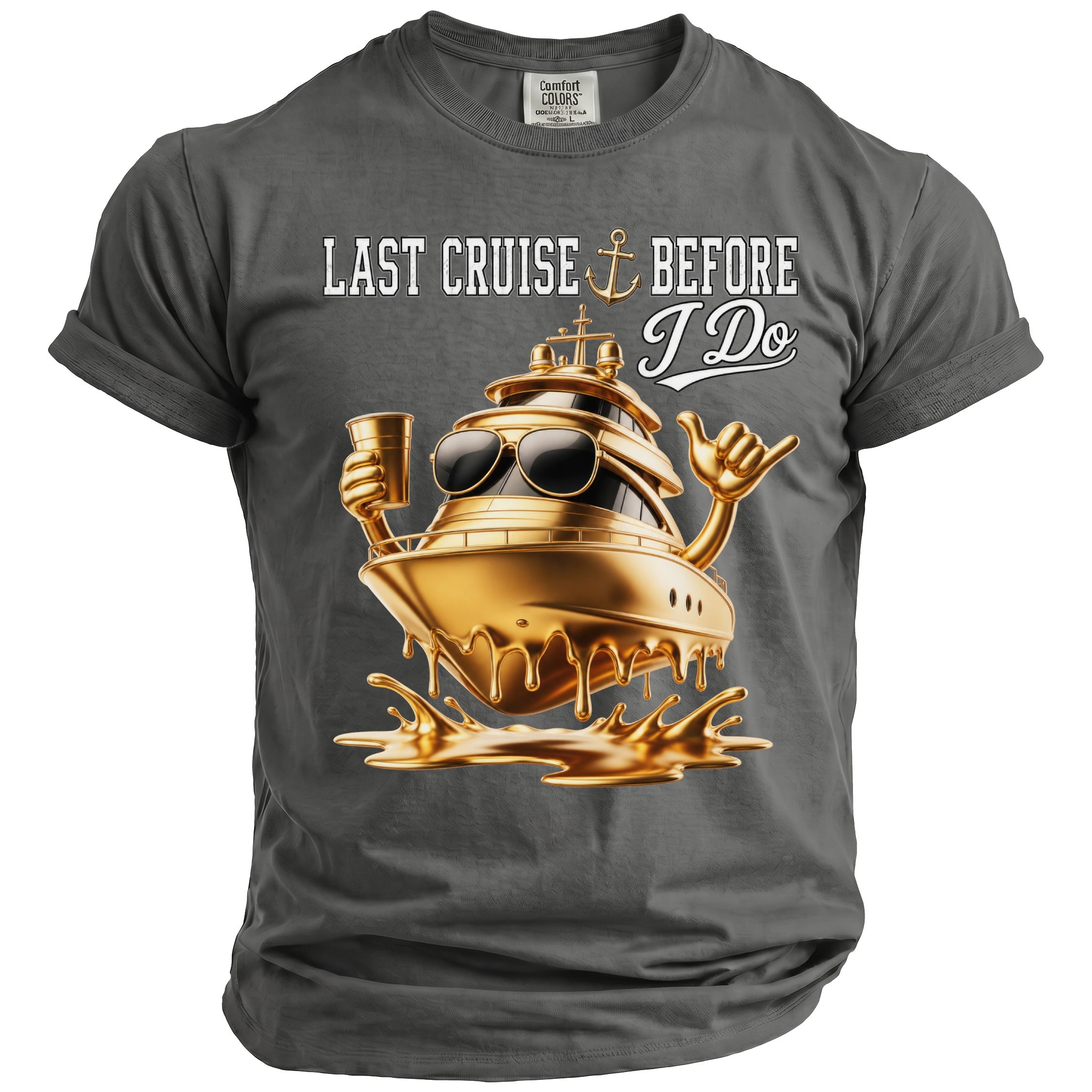 T-shirt with golden yacht graphic and text "Last Cruise Before I Do".