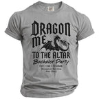 Grey t-shirt with black text and dragon graphic, "Dragon Me To The Altar Bachelor Party".