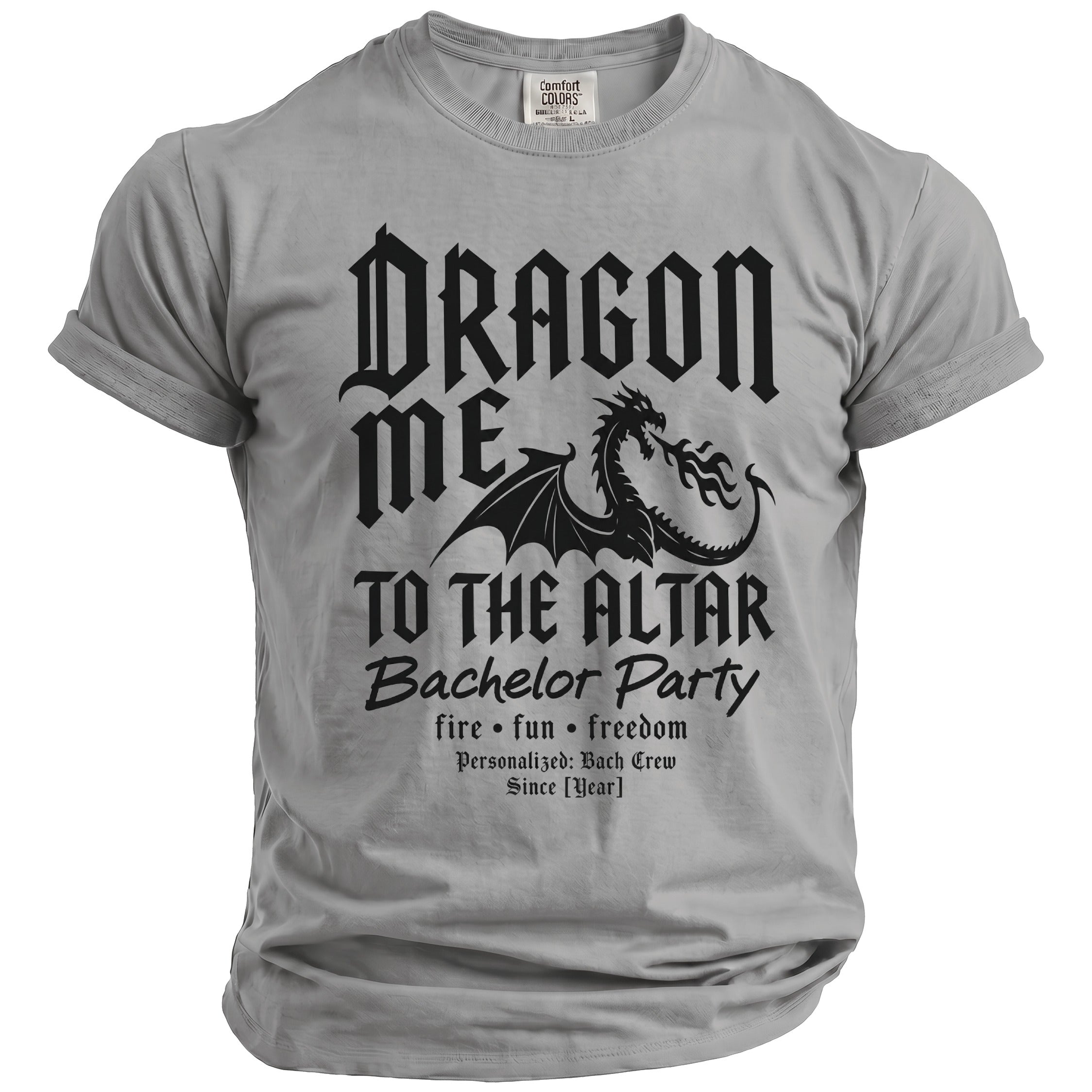 Grey t-shirt with black text and dragon graphic, "Dragon Me To The Altar Bachelor Party".
