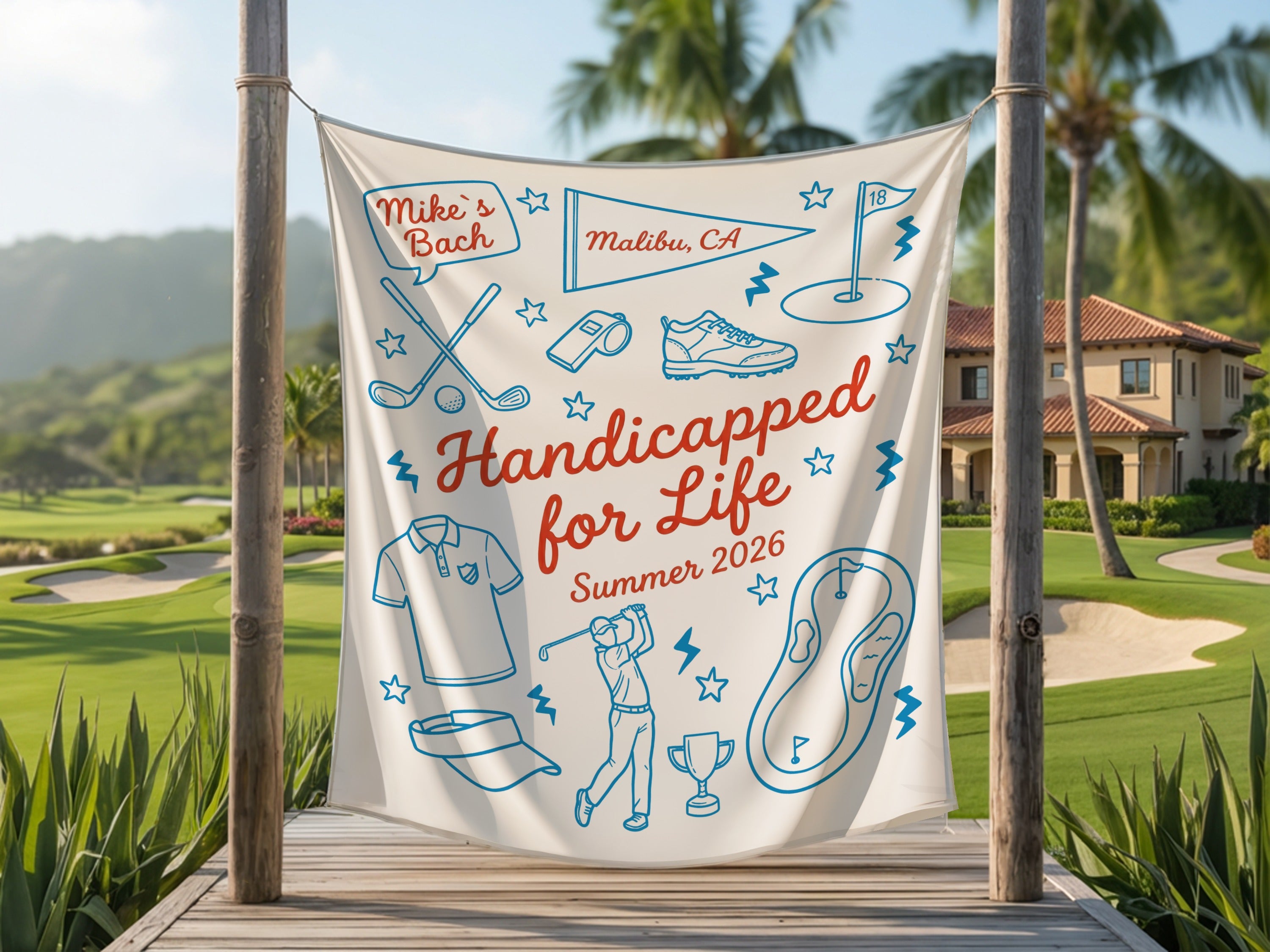 Banner reading "Mike's Bach", "Malibu, CA", "Handicapped for Life Summer 2026", with golf graphics.