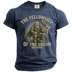 T-shirt with gnome, hammer, beer, and text "The Fellowship of the Groom".