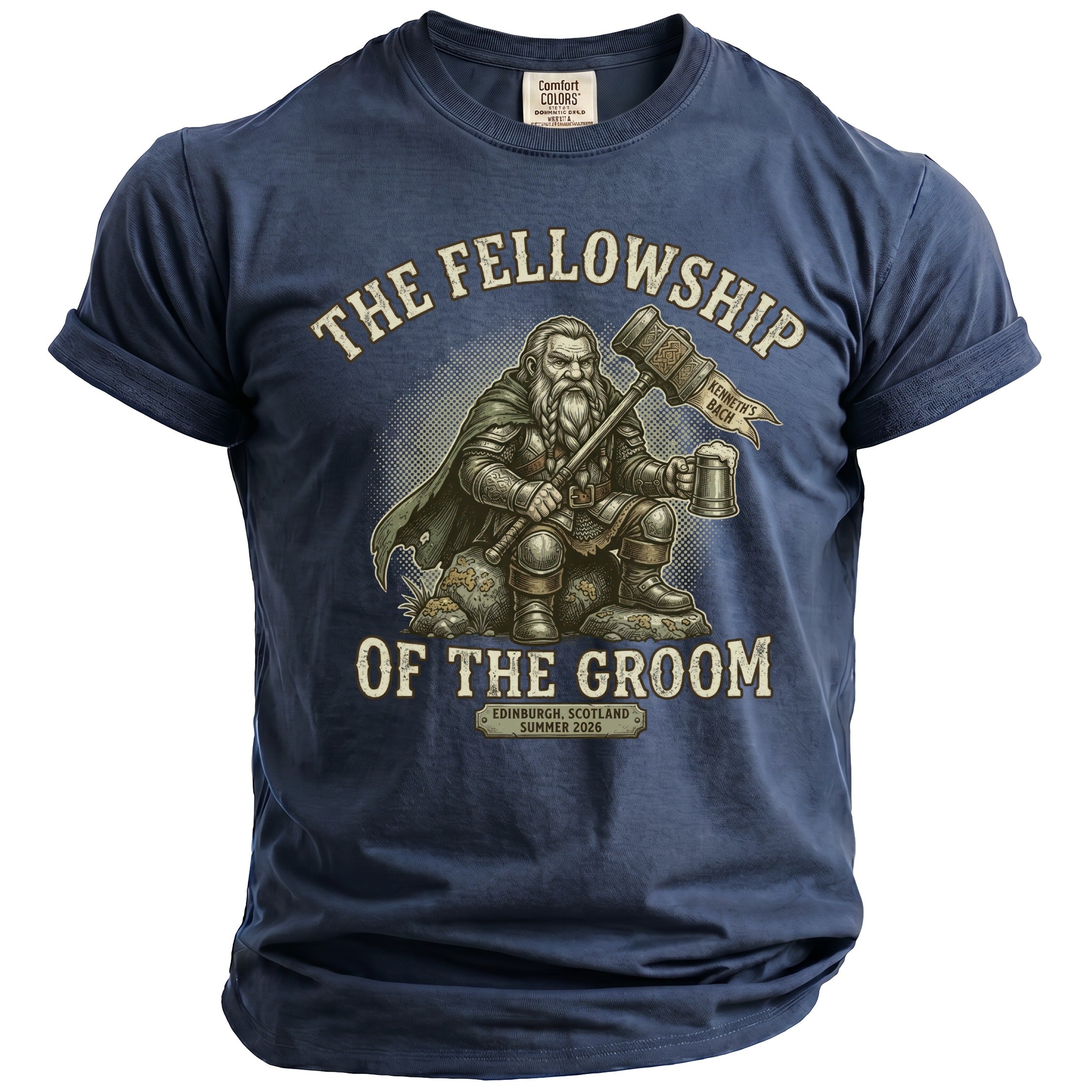 T-shirt with gnome, hammer, beer, and text "The Fellowship of the Groom".