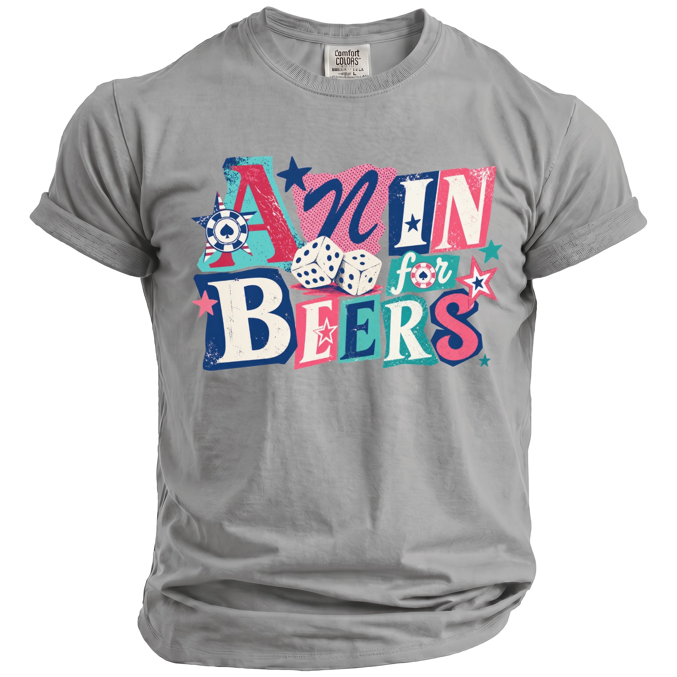 Grey t-shirt with "All n for beers" graphic featuring dice and casino elements.