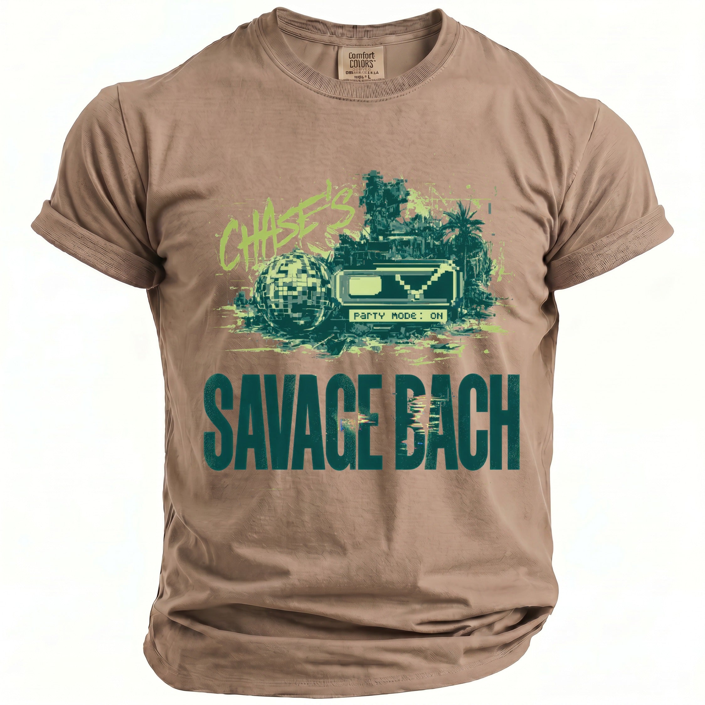 Brown t-shirt with "CHASE'S PARTY MODE: ON" and "SAVAGE BACH" graphics.