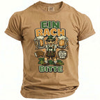 Tan t-shirt with Oktoberfest graphic of man holding beer mugs, saying "EIN BACH BITTE".