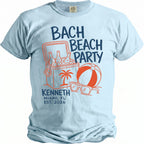 Light blue t-shirt with "Bach Beach Party, Kenneth Miami FL Est. 2026" text and graphic.
