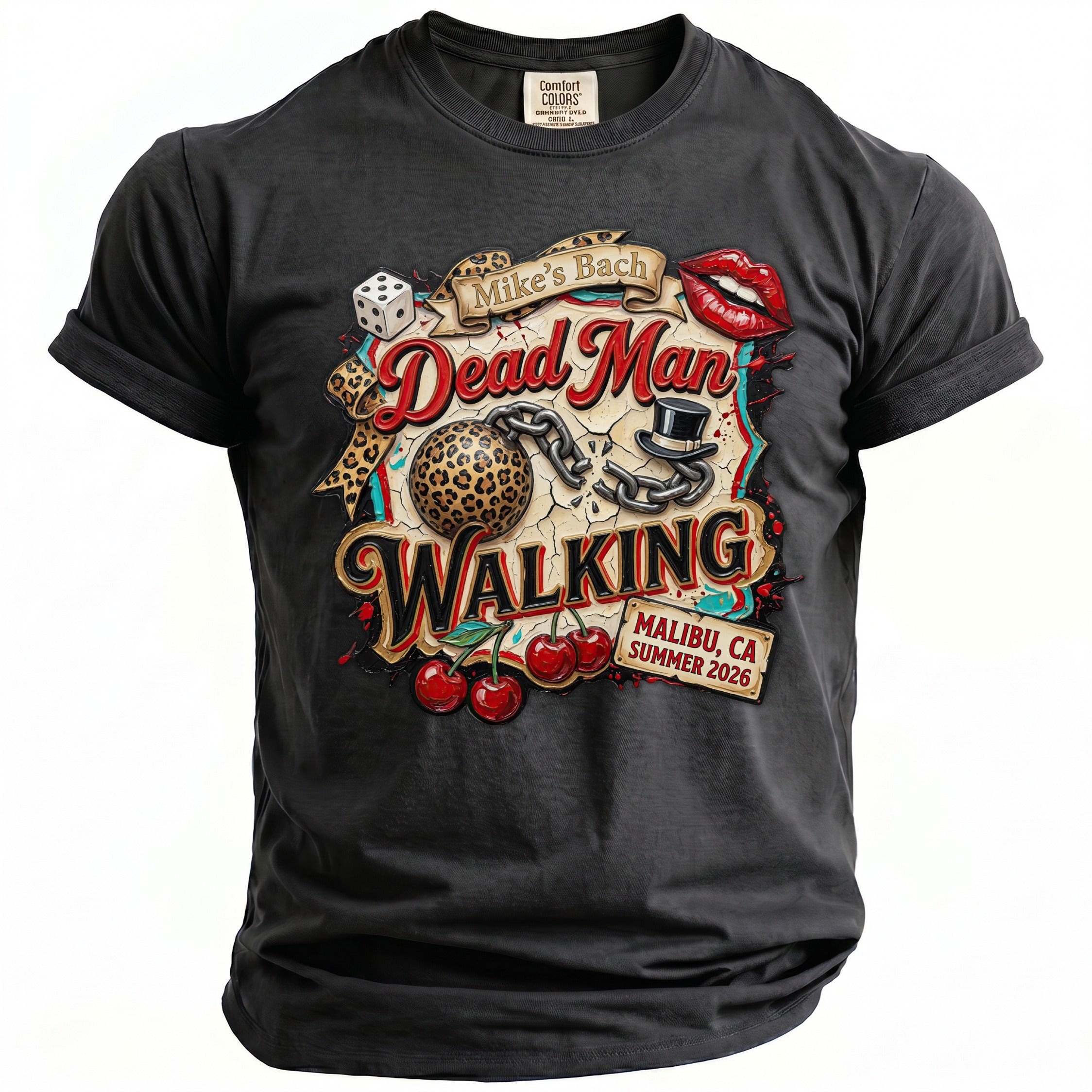 Dark grey t-shirt with "Mike's Bach Dead Man Walking" graphic including a license plate.