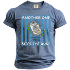 Blue t-shirt with "Another One Single Life Bites the Dust" graphic.