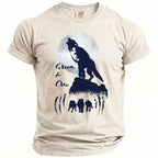 Tan t-shirt with wolf howling at moon and "Groom & Crew" text.