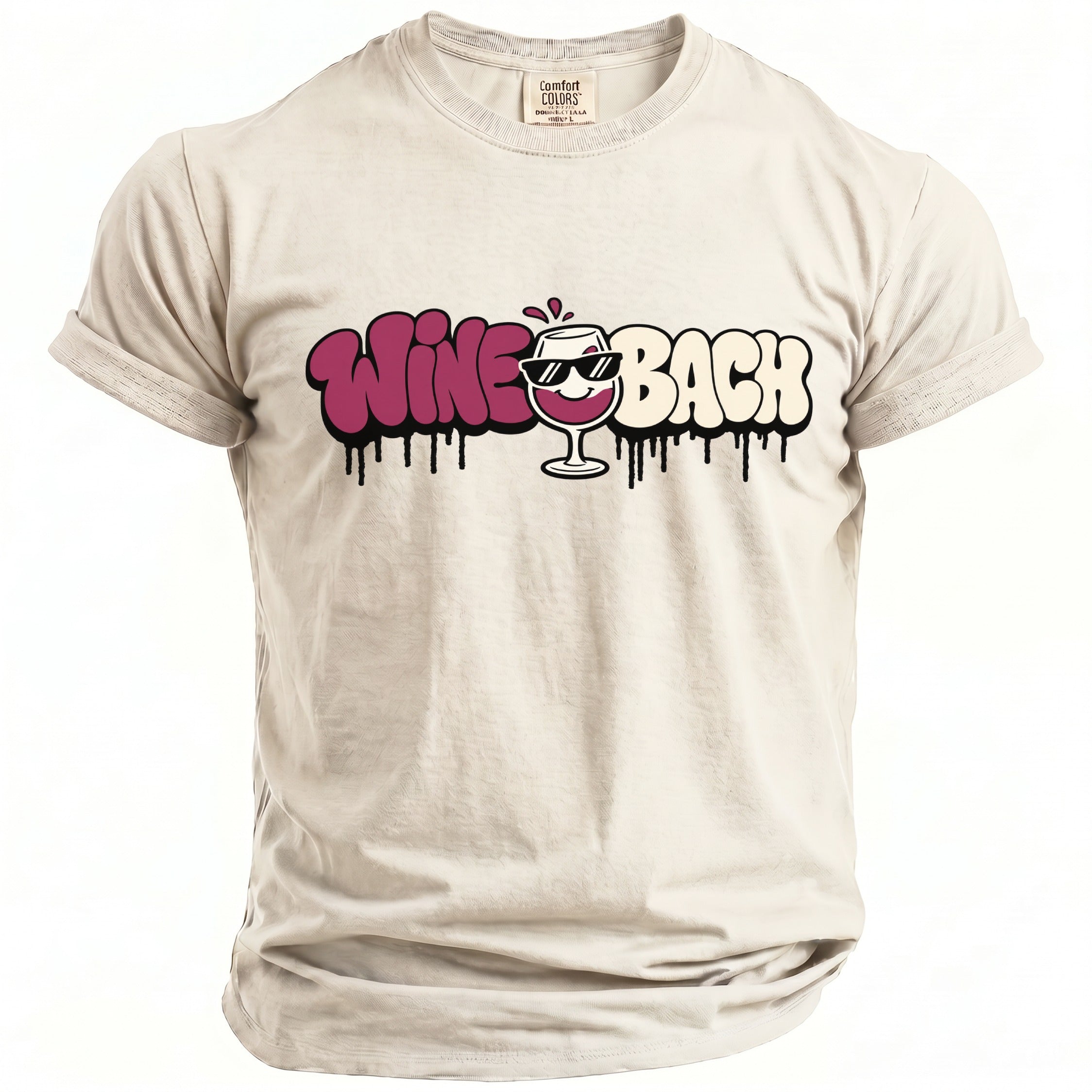 T-shirt with "Wine Back" graphic featuring a wine glass wearing sunglasses.