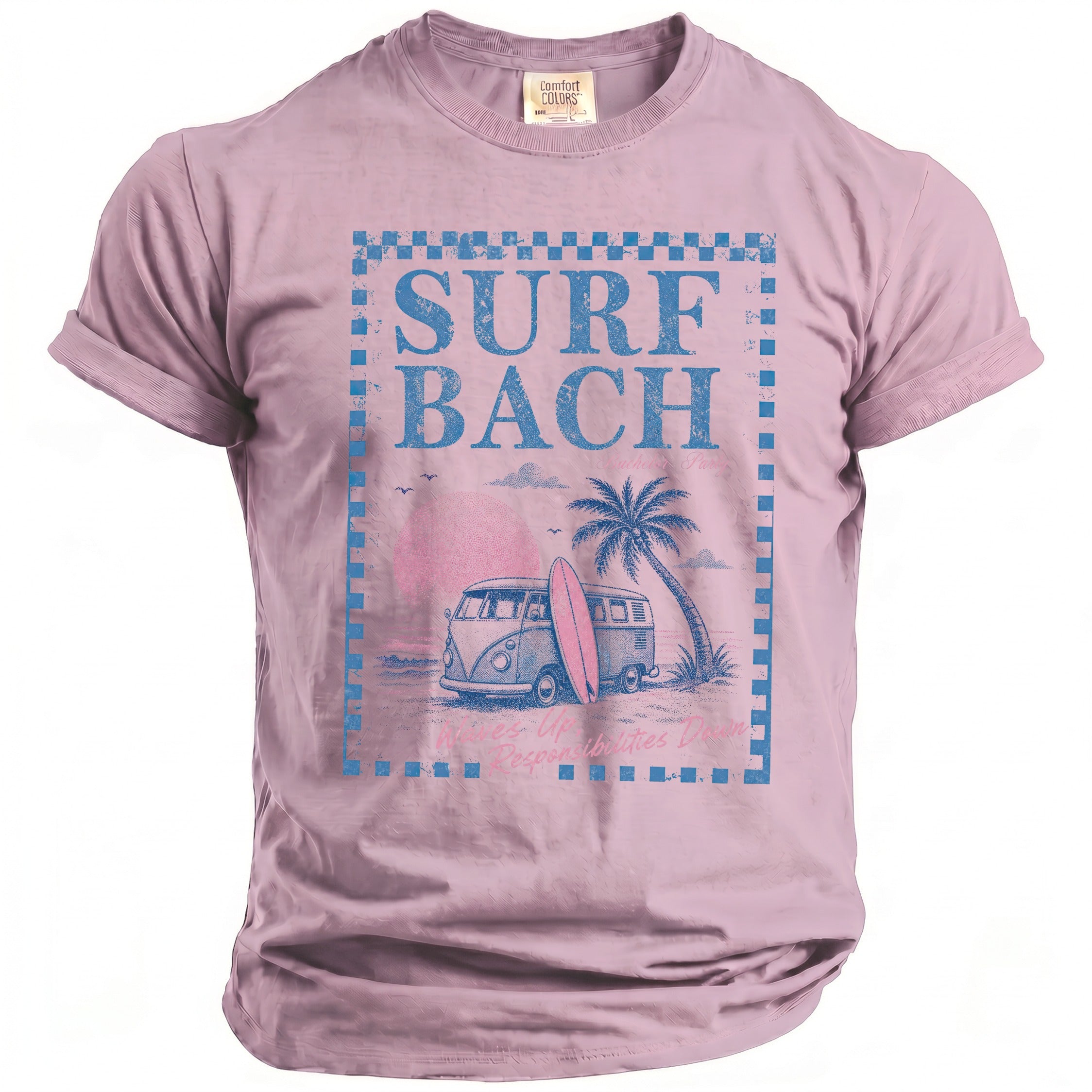 Pink t-shirt with "SURF BACH" text, van, surfboard, palm tree, and sun graphic.