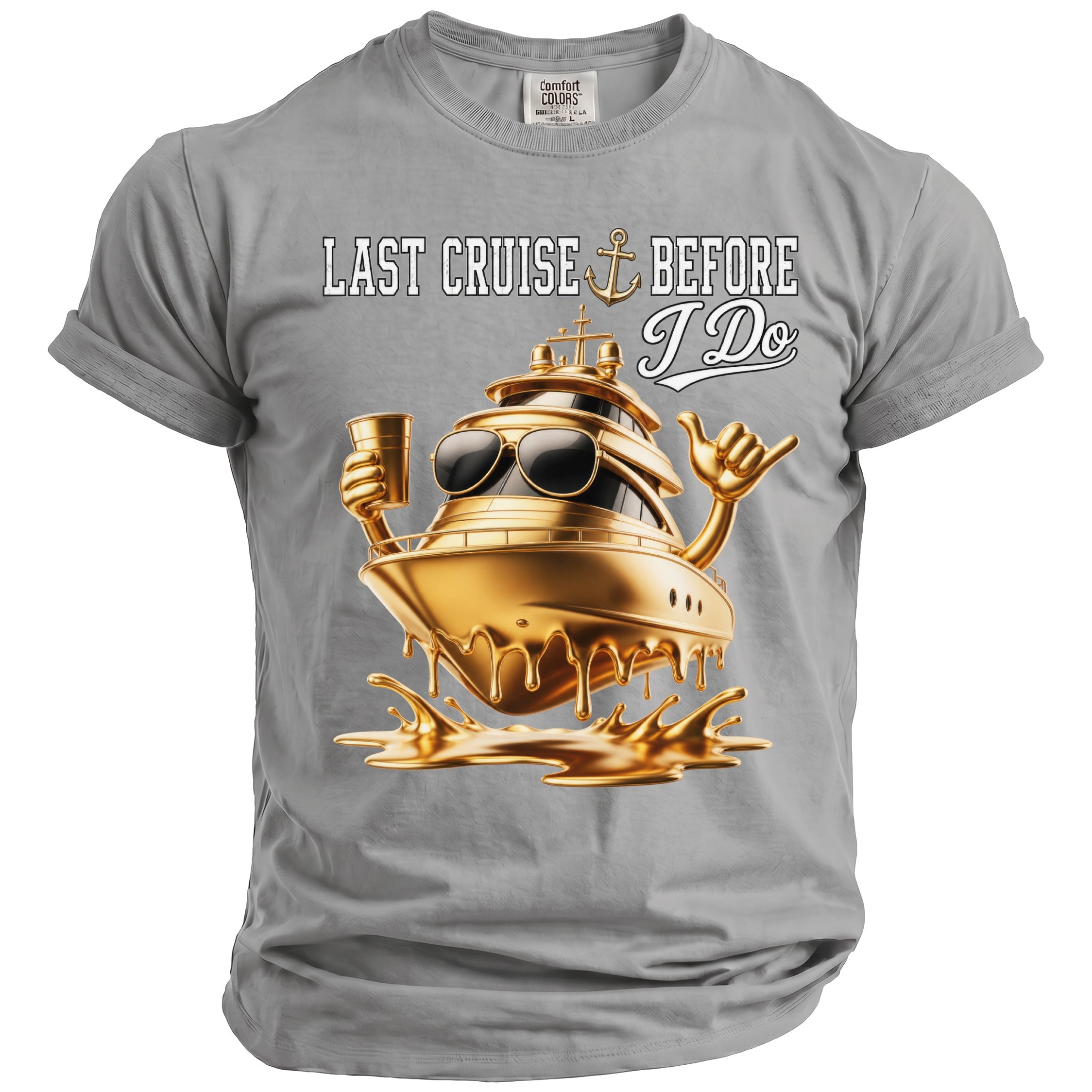Gold yacht with sunglasses and drink on shirt reading "Last Cruise Before I Do."
