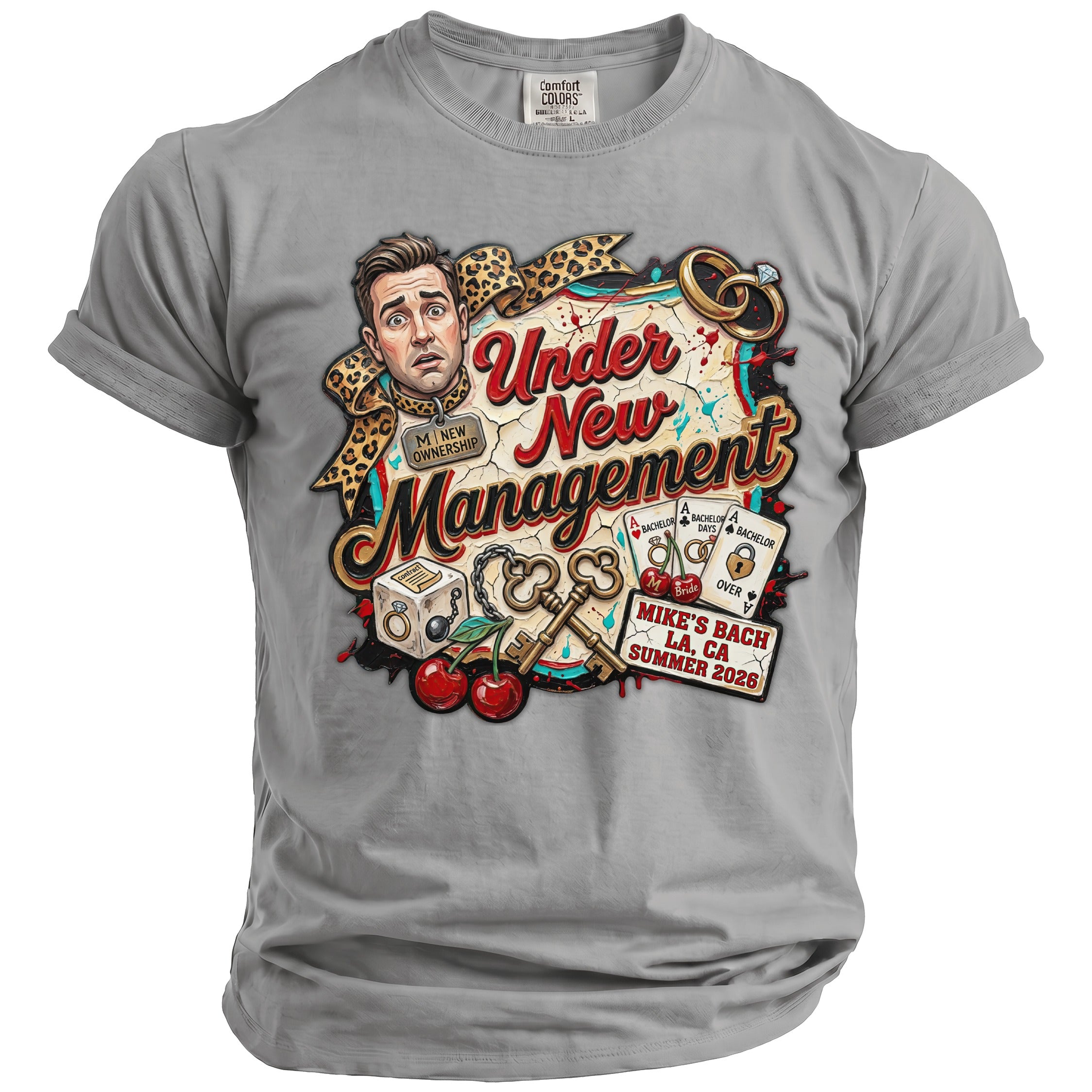 T-shirt graphic: "Under New Management," man's face, rings, keys, cherries, dice, and text.