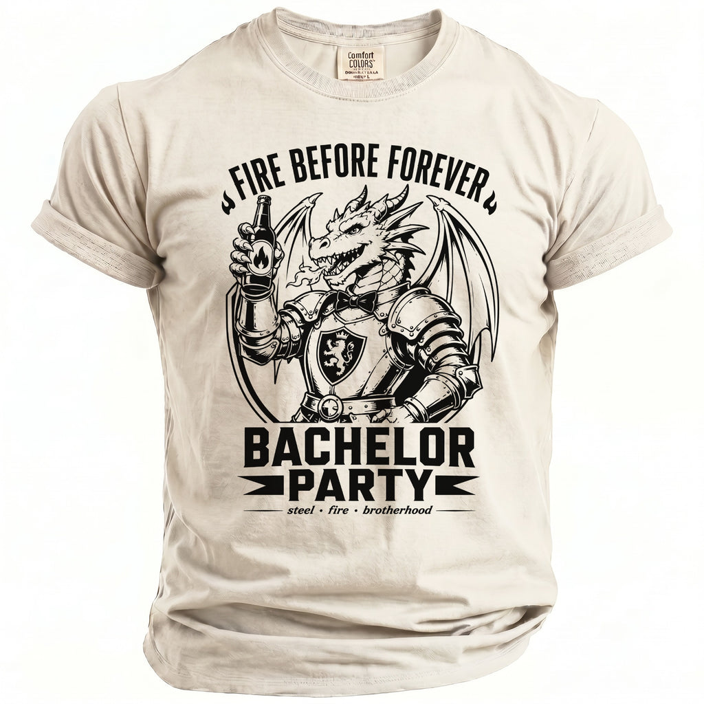 T-shirt with a dragon holding a beer and text "FIRE BEFORE FOREVER BACHELOR PARTY".