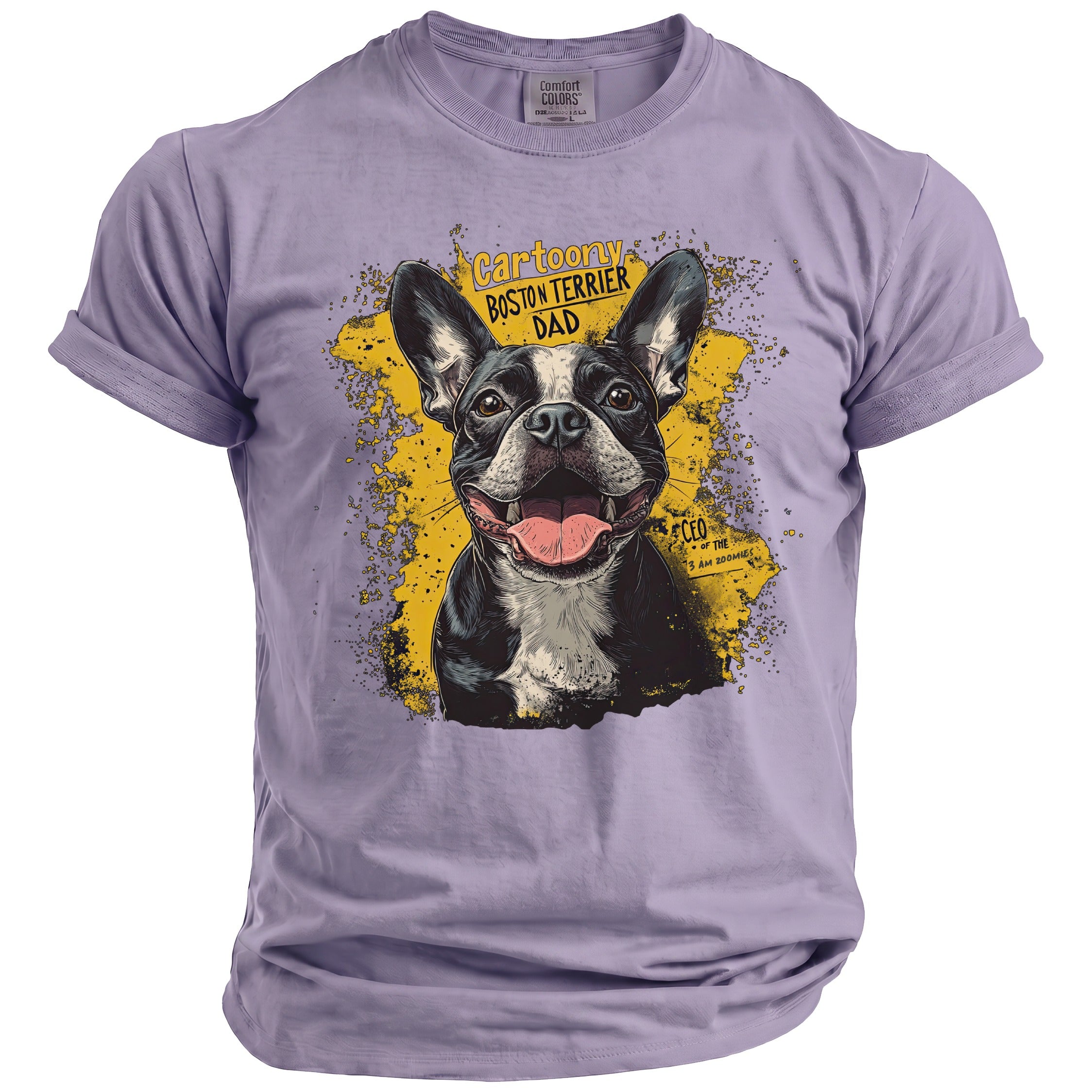 Purple t-shirt with a cartoon Boston Terrier graphic and text "Cartoony Boston Terrier Dad".