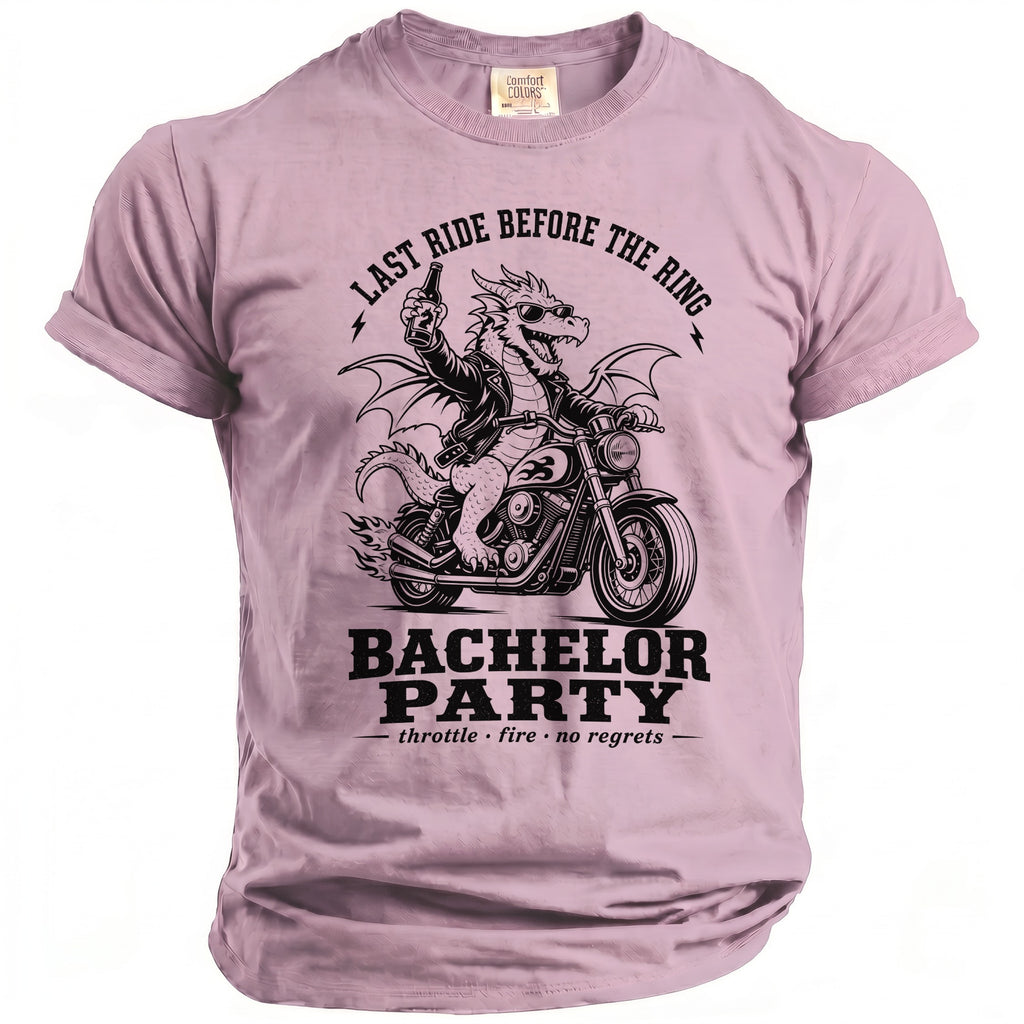 Pink t-shirt with dragon on motorcycle graphic, "Last Ride Before The Ring" and "Bachelor Party" text.