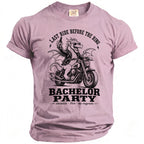 Pink t-shirt with dragon on motorcycle graphic, "Last Ride Before The Ring" and "Bachelor Party" text.