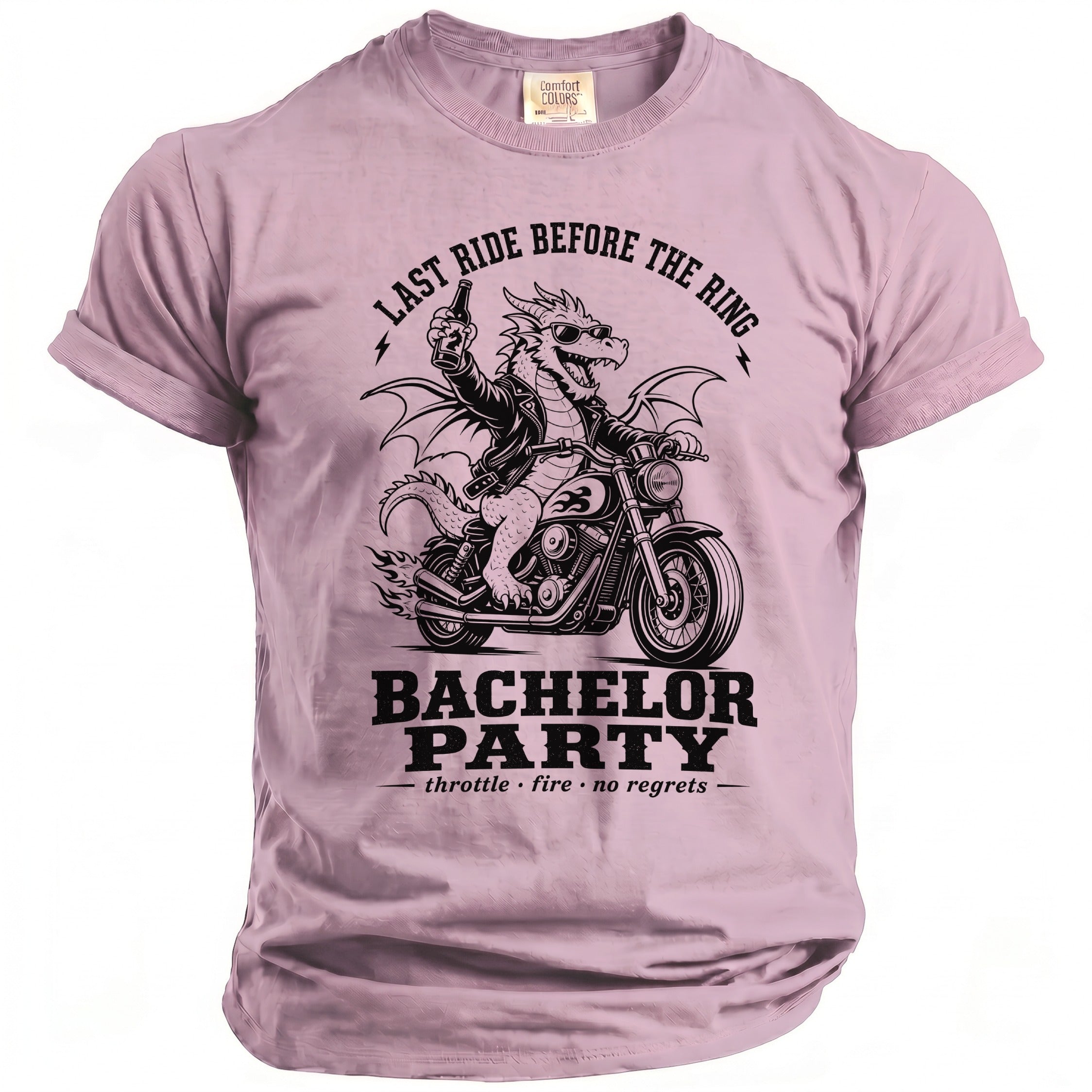 Pink t-shirt with dragon on motorcycle graphic, "Last Ride Before The Ring" and "Bachelor Party" text.