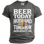 Grey t-shirt with text "Beer Today Husband Tomorrow Bachelor Party 2026" and beer mug graphic.